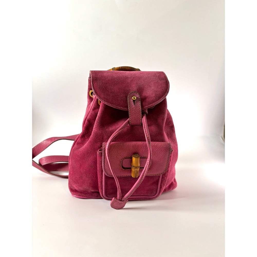 Gucci Vintage Suede Bamboo Backpack | Pink Designer Bag 90s